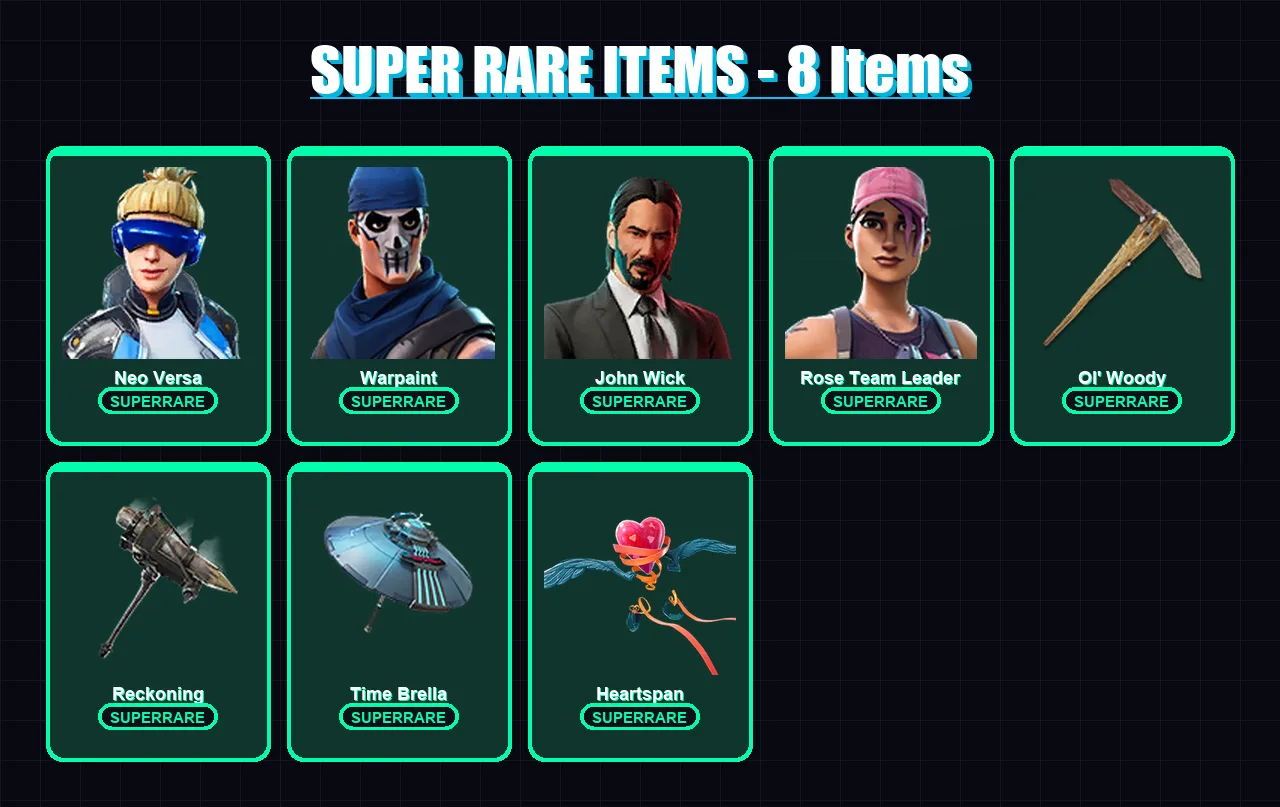 [PC/XBOX/PSN] | Neo Versa | Warpaint | John Wick | Rose Team Leader | Luxe | 75 skin | 62 pickaxe | 74 emote | 56 glider | Lv760