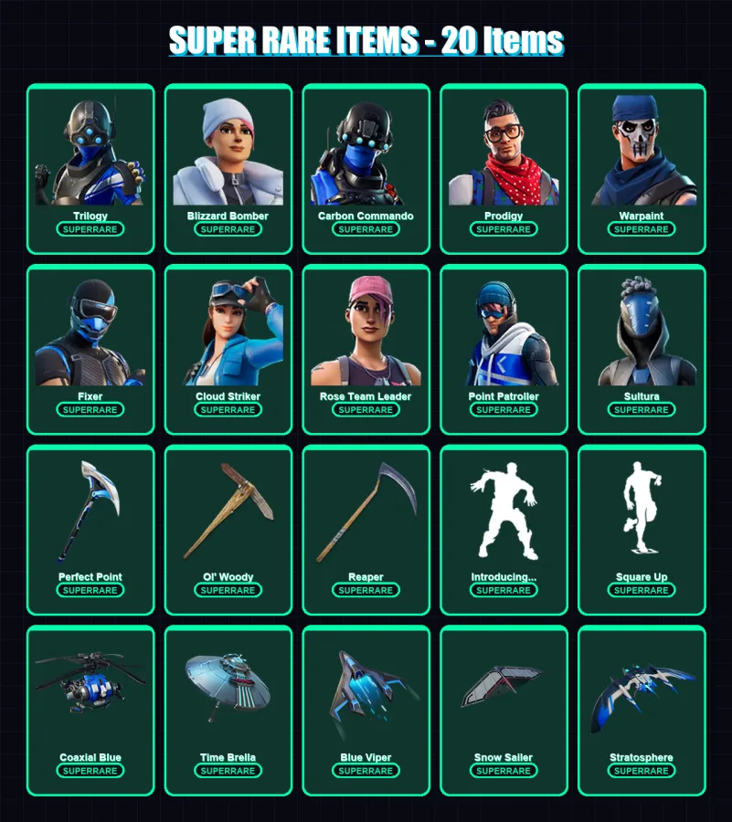 [PS4/PS5/XBOX/PC] | Trilogy | Blizzard Bomber | Carbon Commando | Prodigy | Warpaint | 113 skin | 150 pickaxe | 132 emote | 139 glider | Lv1847