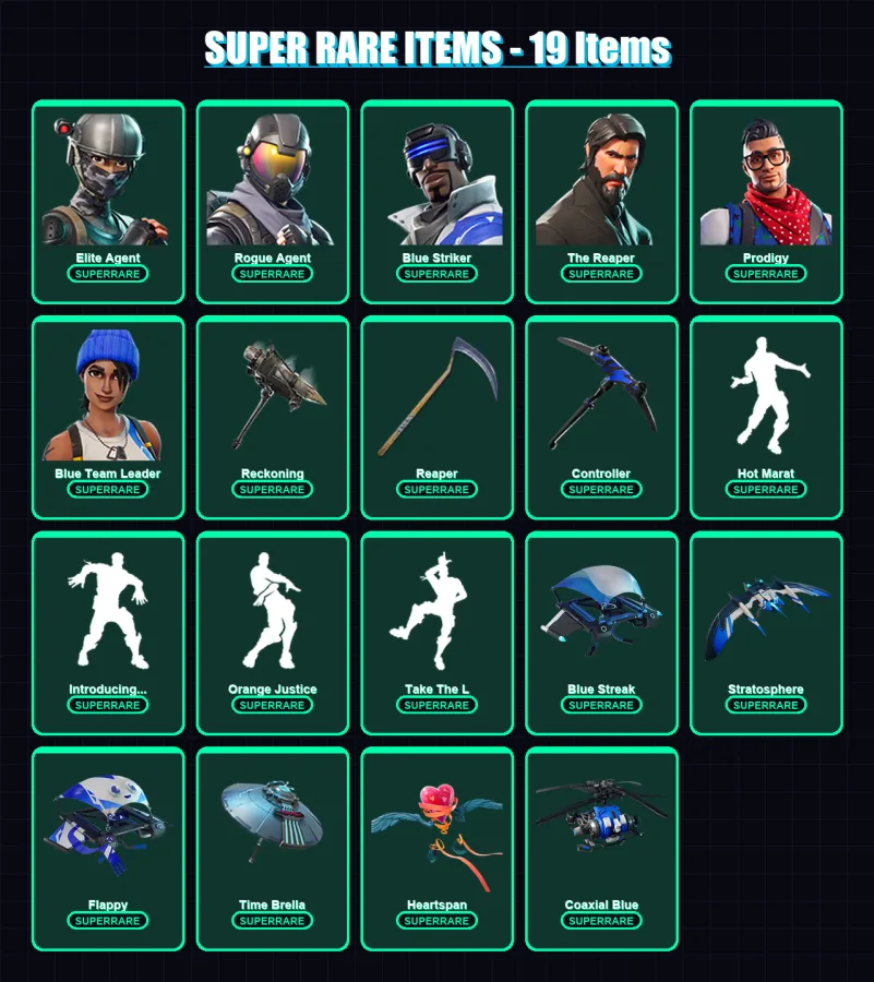 [PS4/PS5/XBOX/PC] | Elite Agent | Rogue Agent | Blue Striker | The Reaper | Prodigy | 43 skin | 54 pickaxe | 59 emote | 70 glider | Lv1227