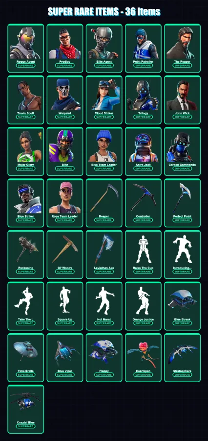 [PS4/PS5/XBOX/PC] | Rogue Agent | Prodigy | Elite Agent | Point Patroller | The Reaper | 390 skin | 290 pickaxe | 252 emote | 202 glider | Lv2932