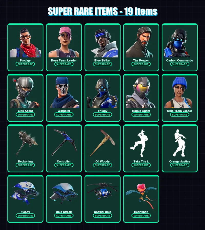 [PS4/PS5/XBOX/PC] | Prodigy | Rose Team Leader | Blue Striker | The Reaper | Carbon Commando | 85 skin | 81 pickaxe | 81 emote | 88 glider | Lv1041