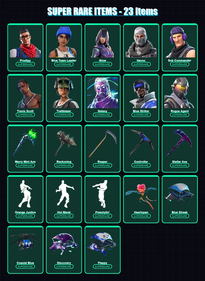 [PS4/PS5/XBOX/PC] | Prodigy | Blue Team Leader | Glow | Havoc | Sub Commander | 82 skin | 59 pickaxe | 65 emote | 59 glider | Lv872