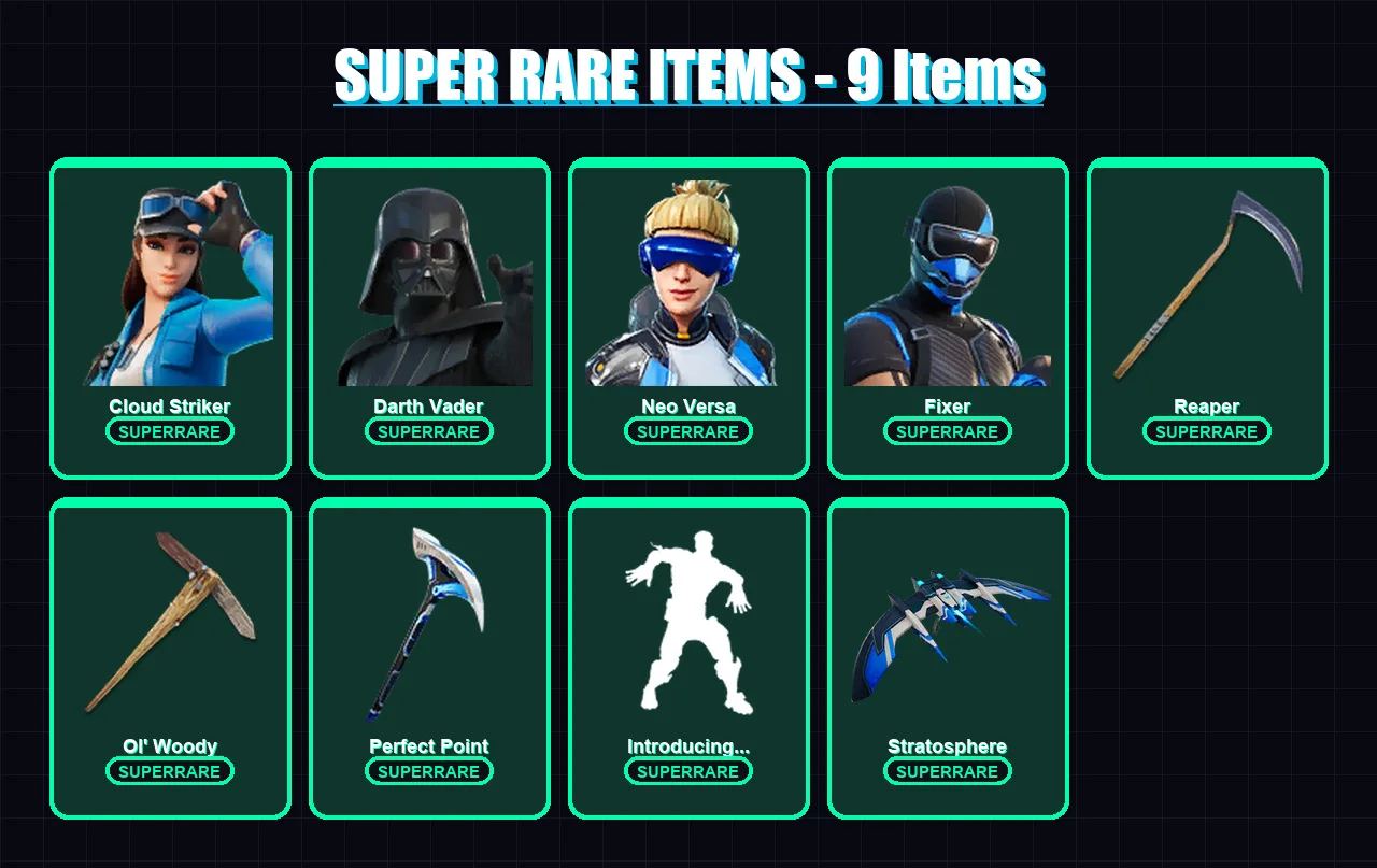 [PC/XBOX] | Cloud Striker | Darth Vader | Neo Versa | Fixer | Malik | 147 skin | 159 pickaxe | 118 emote | 121 glider | Lv2145