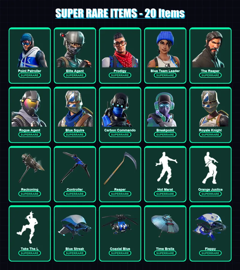 [PS4/PS5/XBOX/PC] | Point Patroller | Elite Agent | Prodigy | Blue Team Leader | The Reaper | 136 skin | 108 pickaxe | 105 emote | 109 glider | Lv16