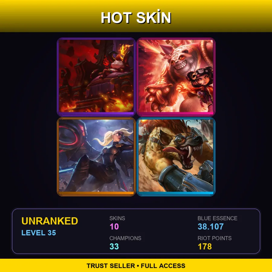 SG | Little Devil Teemo | Panda Annie | Riot Kayle | Hyena Warwick | 10 Skin | 33 Champ | Lv35