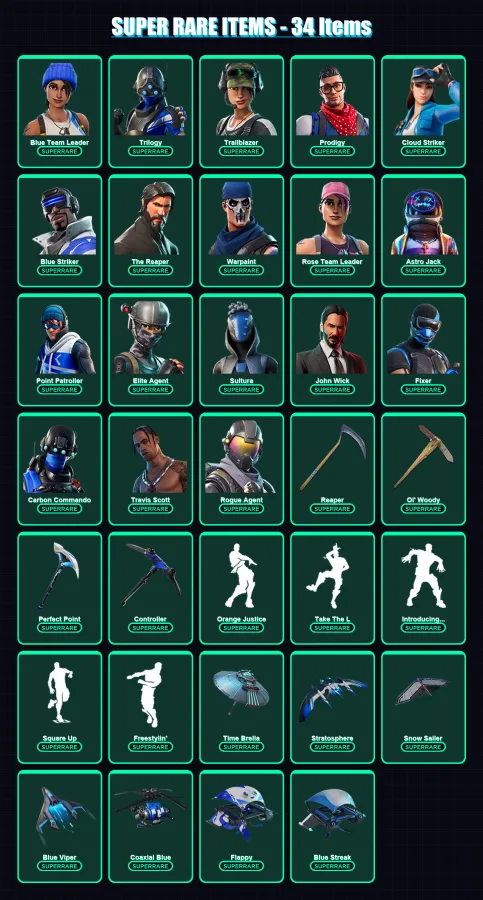 [PC/XBOX/PSN] | Blue Team Leader | Trilogy | Trailblazer | Prodigy | Cloud Striker | 133 skin | 138 pickaxe | 113 emote | 104 glider | Lv1080
