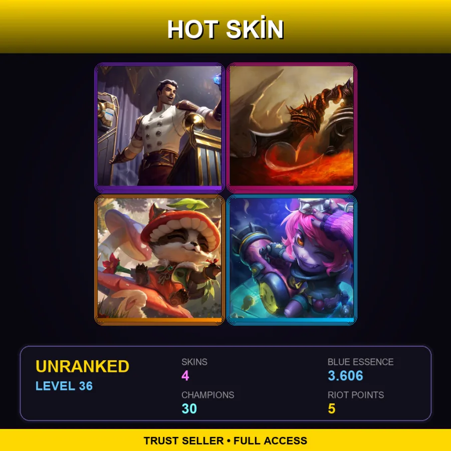 BR | Arcane Inventor Jayce | Demonblade Tryndamere | Badger Teemo | Riot Girl Tristana | 4 Skin | 30 Champ | Lv36