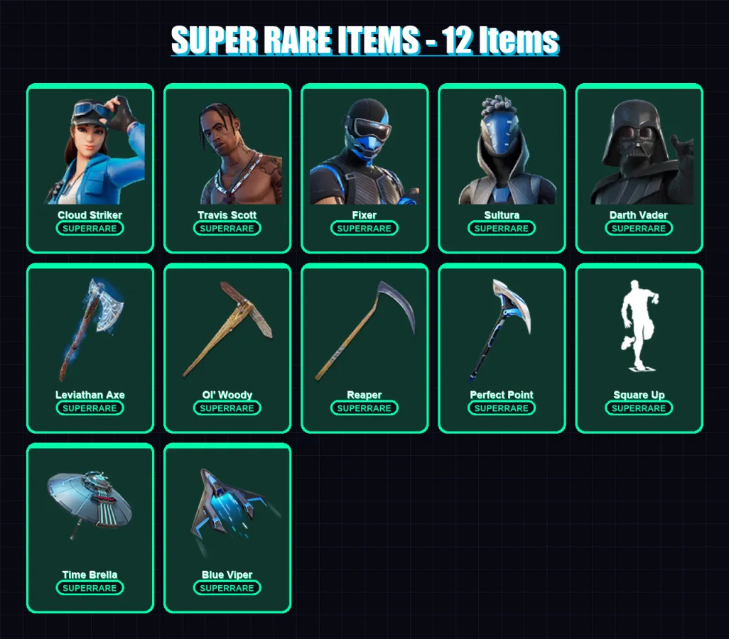 [PS4/PS5/XBOX/PC] | Cloud Striker | Travis Scott | Fixer | Sultura | Darth Vader | 227 skin | 267 pickaxe | 233 emote | 201 glider | Lv3869