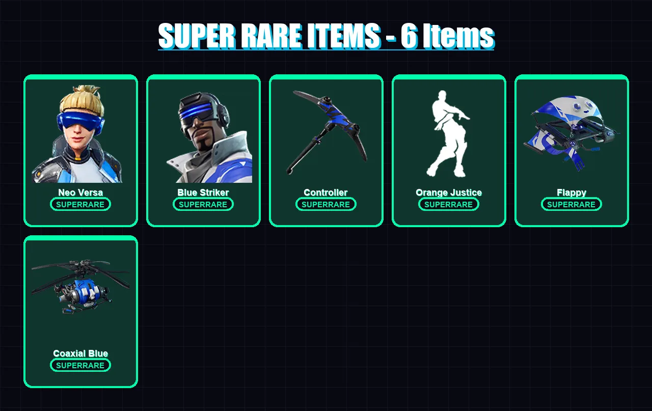 [PC] | Neo Versa | Blue Striker | Lynx | Zenith | Powder | 10 skin | 23 pickaxe | 41 emote | 37 glider | Lv700