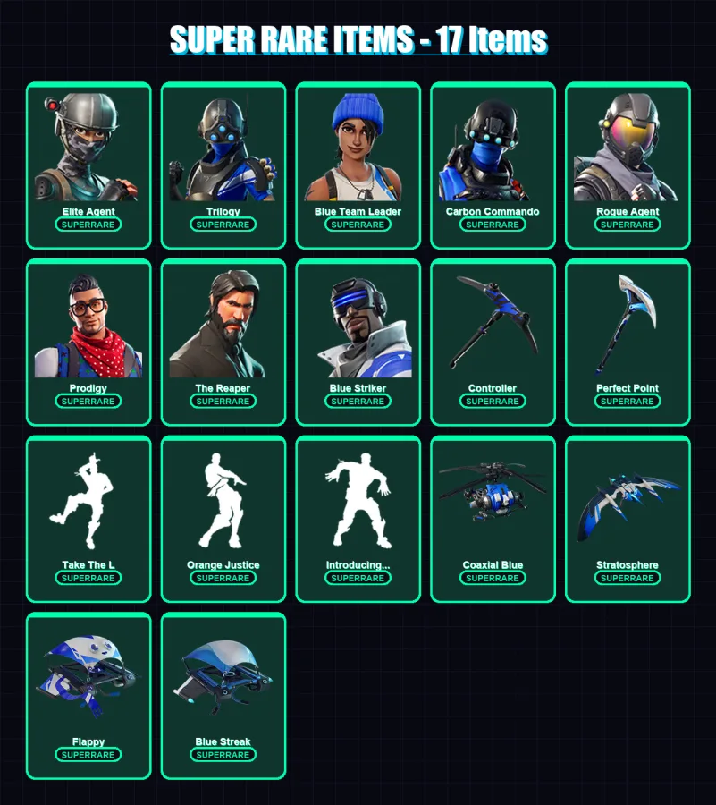 [PS4/PS5/XBOX/PC] | Elite Agent | Trilogy | Blue Team Leader | Carbon Commando | Rogue Agent | 45 skin | 33 pickaxe | 55 emote | 47 glider | Lv645