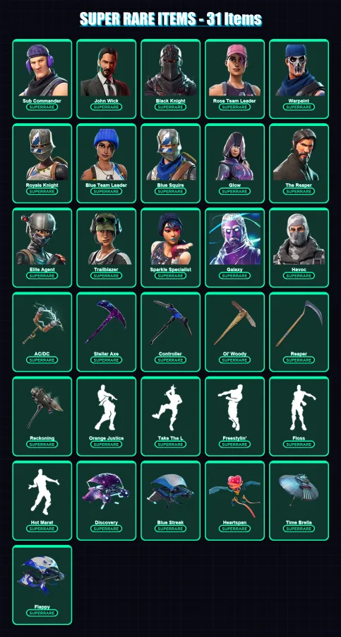 [PC/XBOX] | Sub Commander | John Wick | Black Knight | Rose Team Leader | Warpaint | 135 skin | 124 pickaxe | 111 emote | 137 glider | Lv2028