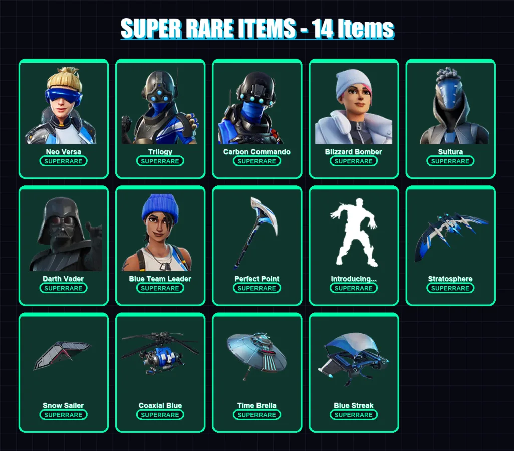 [PS4/PS5/XBOX/PC] | Neo Versa | Trilogy | Carbon Commando | Blizzard Bomber | Sultura | 135 skin | 145 pickaxe | 99 emote | 126 glider | Lv1697