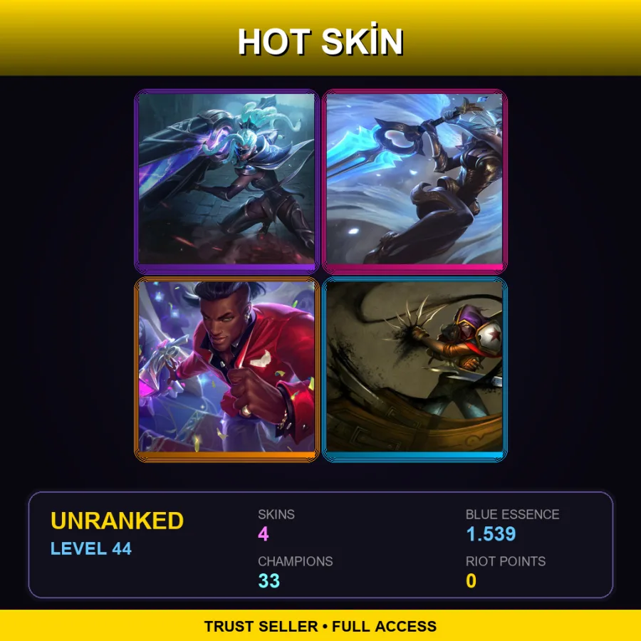 EUNE | Lv44 | Unranked | 4 Skin | 33 Champ — LoL account
