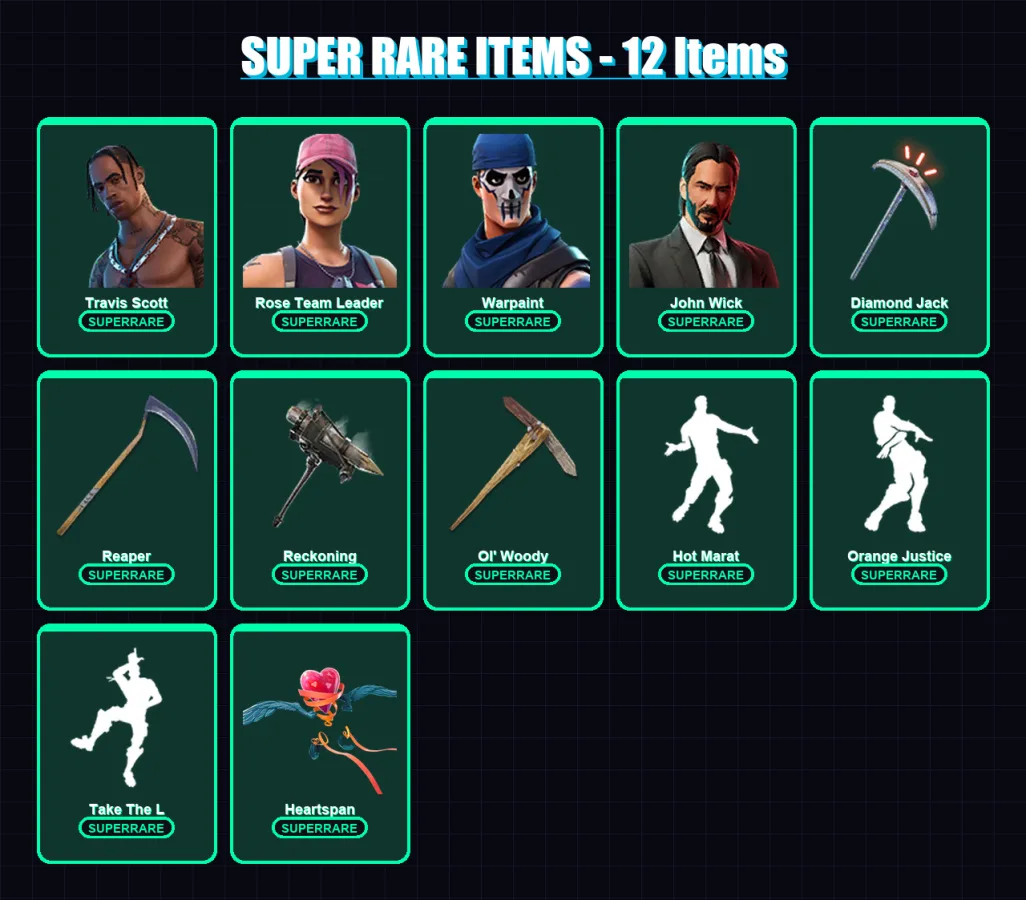 [PC/PSN] | Travis Scott | Rose Team Leader | Warpaint | John Wick | Omega | 120 skin | 110 pickaxe | 106 emote | 106 glider | Lv1312
