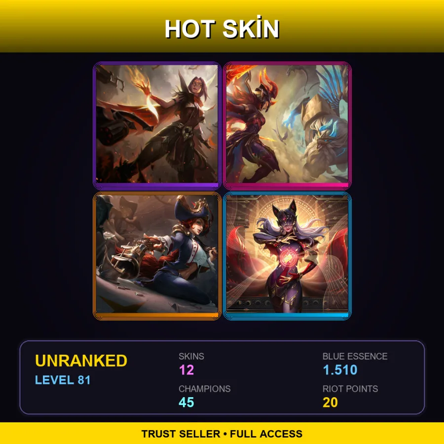 BR | High Noon Irelia | Dragon Guardian Galio | Waterloo Miss Fortune | Arcana Ahri | 12 Skin | 45 Champ | Lv81