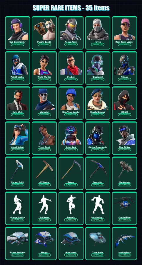 [PS4/PS5/XBOX/PC] | Sub Commander | Psycho Bandit | Rogue Agent | Havoc | Rose Team Leader | 179 skin | 148 pickaxe | 137 emote | 130 glider | Lv189