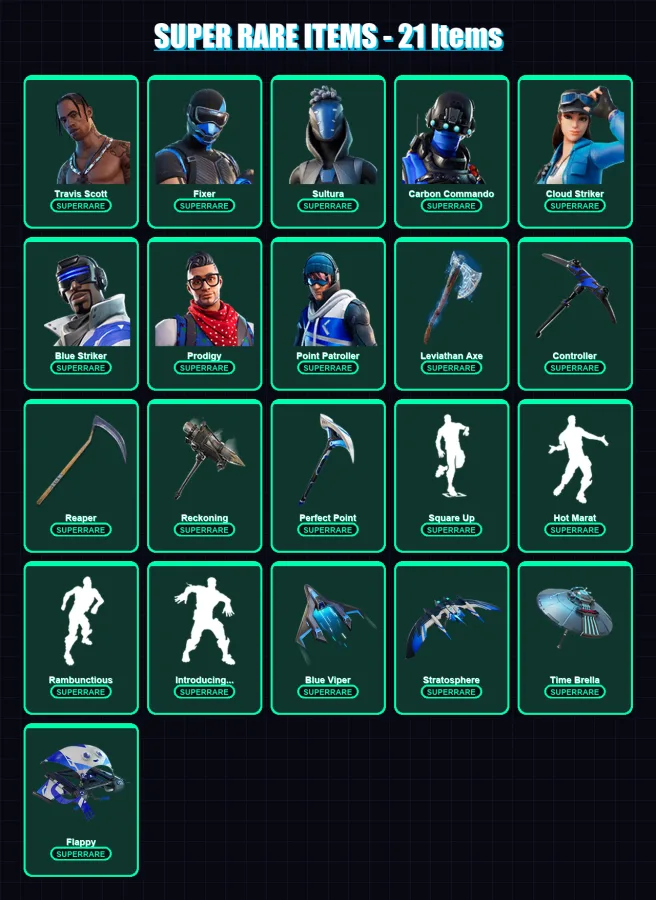[PS4/PS5/PC] | Travis Scott | Fixer | Sultura | Carbon Commando | Cloud Striker | 137 skin | 153 pickaxe | 134 emote | 149 glider | Lv2080