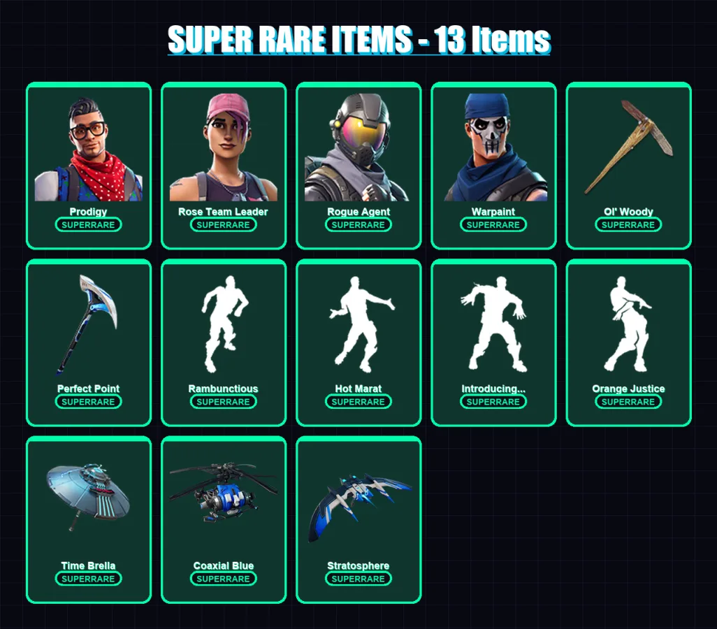 [PC] | Prodigy | Rose Team Leader | Rogue Agent | Warpaint | Deadpool | 124 skin | 121 pickaxe | 120 emote | 110 glider | Lv1321 — Fortnite account