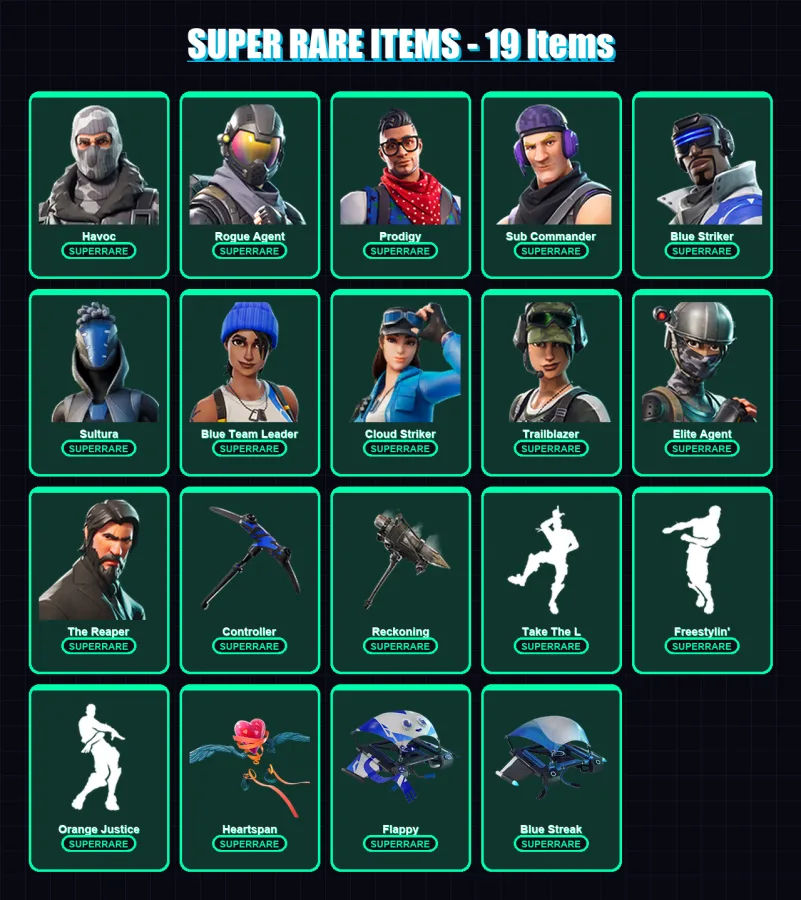 [PS4/PS5/XBOX/PC] | Havoc | Rogue Agent | Prodigy | Sub Commander | Blue Striker | 75 skin | 53 pickaxe | 59 emote | 53 glider | Lv843