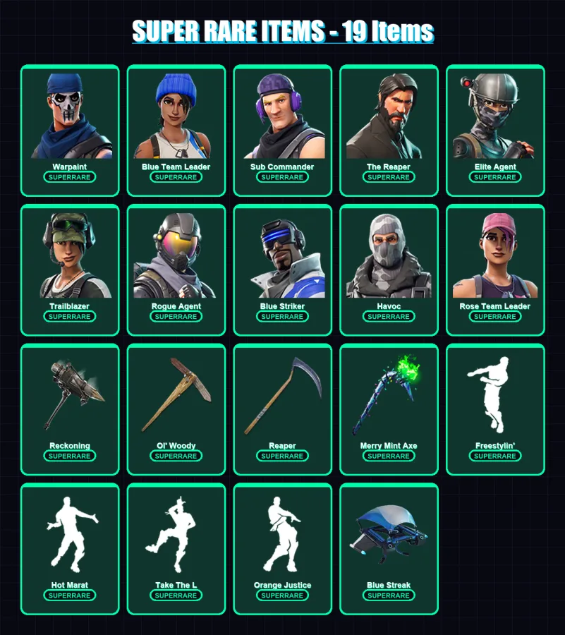 [PC/XBOX] | Warpaint | Blue Team Leader | Sub Commander | The Reaper | Elite Agent | 157 skin | 92 pickaxe | 97 emote | 76 glider | Lv1146