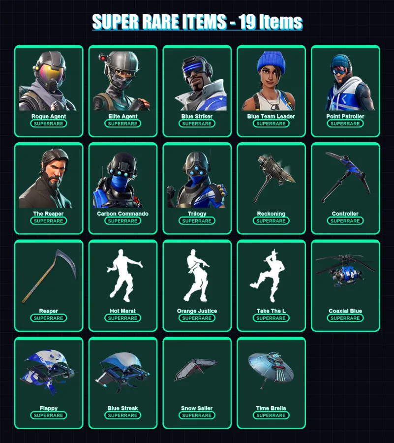 [PC] | Rogue Agent | Elite Agent | Blue Striker | Blue Team Leader | Point Patroller | 205 skin | 222 pickaxe | 186 emote | 195 glider | Lv2991