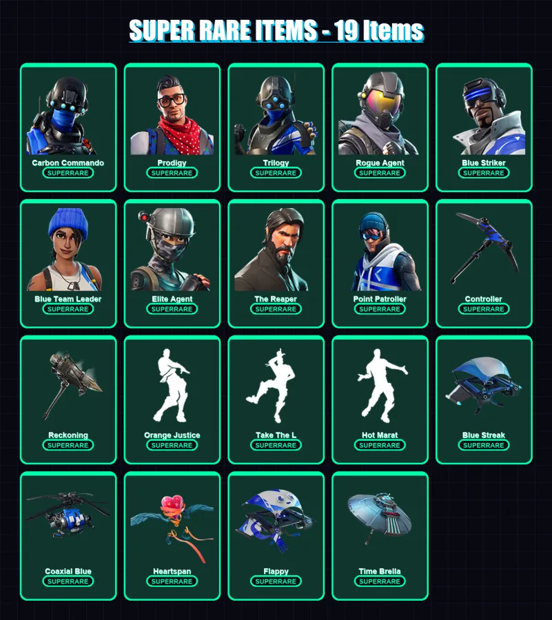 [PS4/PS5/XBOX/PC] | Carbon Commando | Prodigy | Trilogy | Rogue Agent | Blue Striker | 100 skin | 104 pickaxe | 116 emote | 113 glider | Lv1784