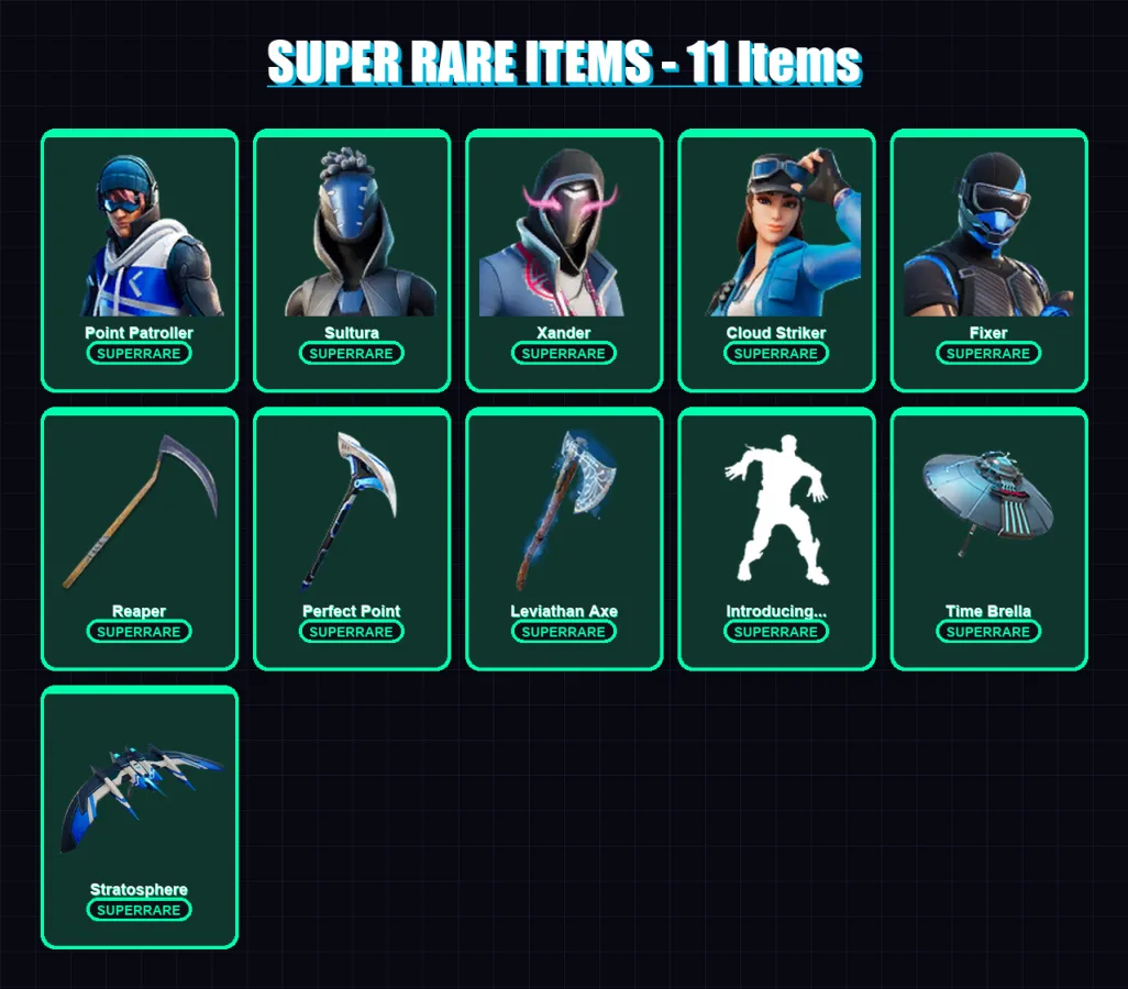 [PS4/PS5/XBOX/PC] | Point Patroller | Sultura | Xander | Cloud Striker | Fixer | 128 skin | 163 pickaxe | 125 emote | 129 glider | Lv2084