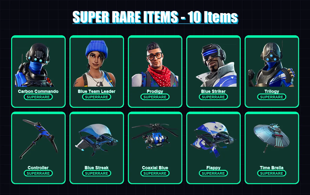 [PC/XBOX] | Carbon Commando | Blue Team Leader | Prodigy | Blue Striker | Trilogy | 48 skin | 36 pickaxe | 44 emote | 43 glider | Lv442