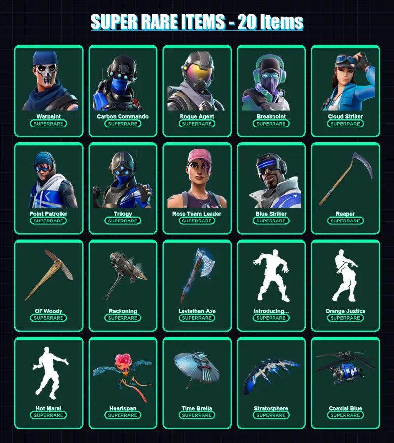 [PC/XBOX] | Warpaint | Carbon Commando | Rogue Agent | Breakpoint | Cloud Striker | 207 skin | 212 pickaxe | 168 emote | 163 glider | Lv2624