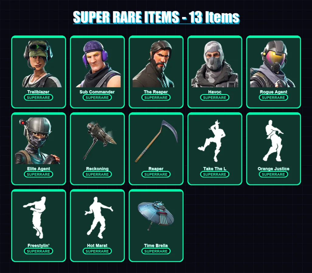 [PC/XBOX/PSN] | Trailblazer | Sub Commander | The Reaper | Havoc | Rogue Agent | 66 skin | 60 pickaxe | 71 emote | 63 glider | Lv1114 — Fortnite account