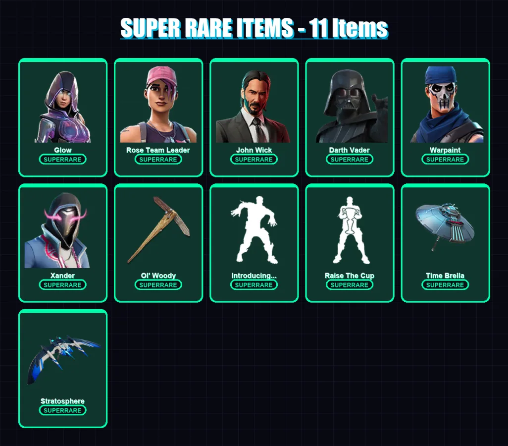 [PC] | Glow | Rose Team Leader | John Wick | Darth Vader | Warpaint | 305 skin | 311 pickaxe | 258 emote | 203 glider | Lv2736