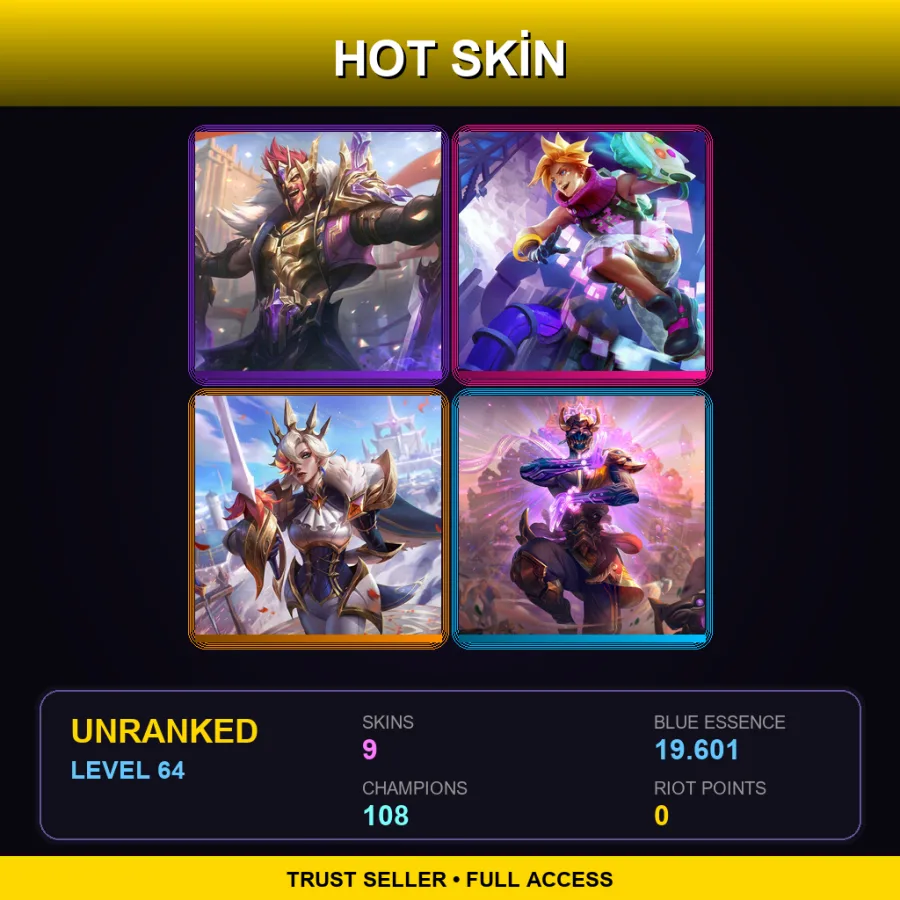 VN | Lv64 | Unranked | 9 Skin | 108 Champ — LoL account