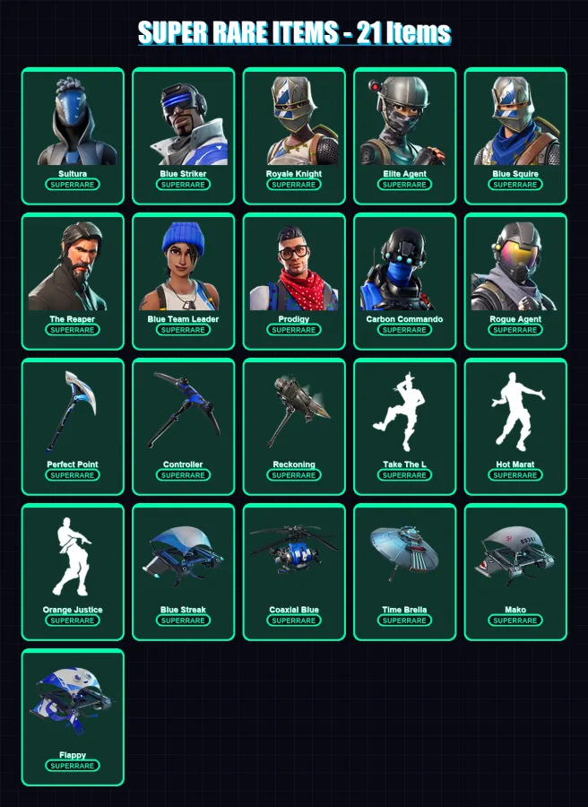 [PS4/PS5/XBOX/PC] | Sultura | Blue Striker | Royale Knight | Elite Agent | Blue Squire | 117 skin | 110 pickaxe | 92 emote | 109 glider | Lv1168