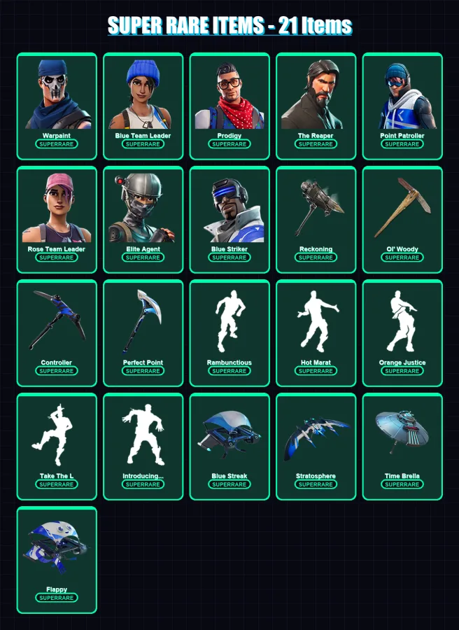 [PS4/PS5/XBOX/PC] | Warpaint | Blue Team Leader | Prodigy | The Reaper | Point Patroller | 77 skin | 69 pickaxe | 80 emote | 75 glider | Lv1005