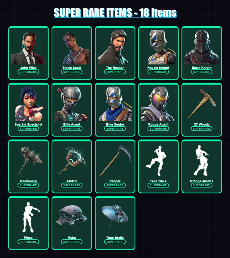 [PC/PSN] | John Wick | Travis Scott | The Reaper | Royale Knight | Black Knight | 205 skin | 212 pickaxe | 176 emote | 139 glider | Lv1966