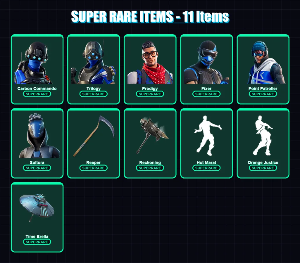 [PC] | Carbon Commando | Trilogy | Prodigy | Fixer | Point Patroller | 113 skin | 105 pickaxe | 94 emote | 96 glider | Lv1208
