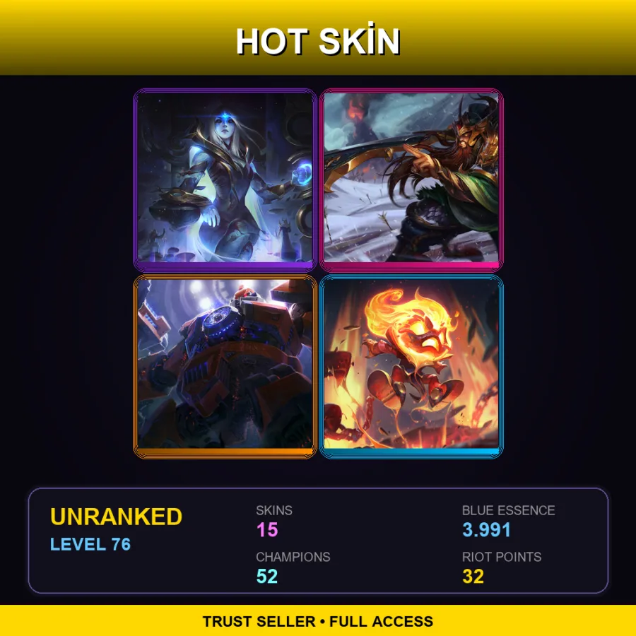 LAS | Cosmic Queen Ashe | Warring Kingdoms Tryndamere | Mecha Zero Sion | Infernal Amumu | 15 Skin | 52 Champ | Lv76