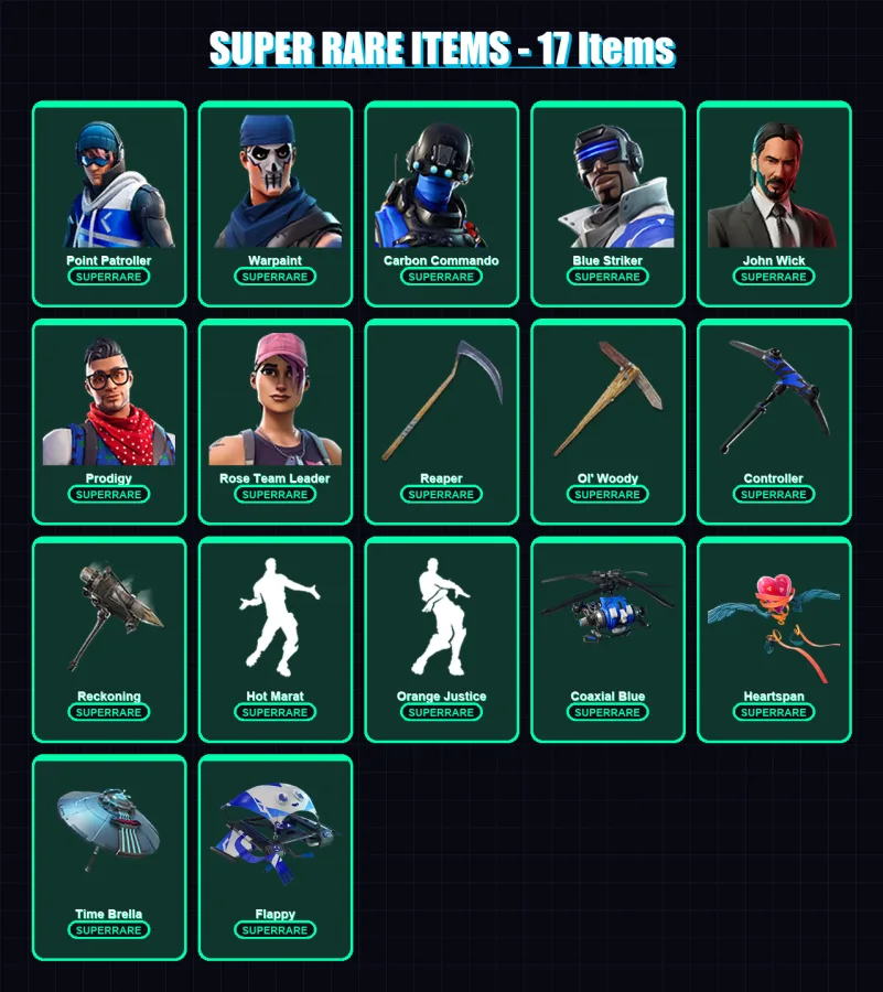 [PC] | Point Patroller | Warpaint | Carbon Commando | Blue Striker | John Wick | 81 skin | 91 pickaxe | 90 emote | 88 glider | Lv1113