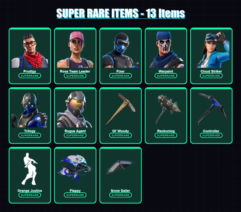 [PS4/PS5/XBOX/PC] | Prodigy | Rose Team Leader | Fixer | Warpaint | Cloud Striker | 49 skin | 48 pickaxe | 99 emote | 42 glider | Lv335