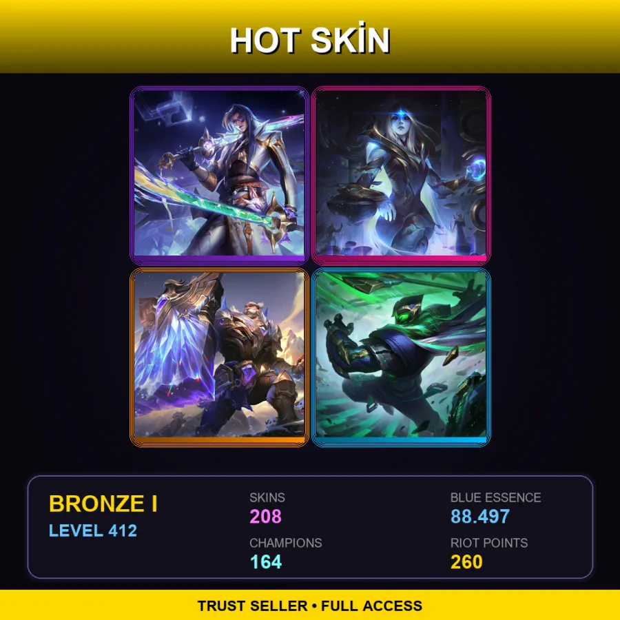 LAS | Prestige HEARTSTEEL Yone | Cosmic Queen Ashe | Victorious Braum | Conqueror Jax | 208 Skin | 164 Champ | Bronze I | Lv412