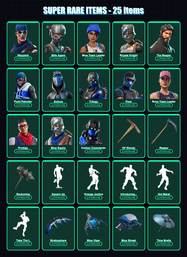 [PC] | Warpaint | Elite Agent | Blue Team Leader | Royale Knight | The Reaper | 168 skin | 148 pickaxe | 164 emote | 145 glider | Lv2185