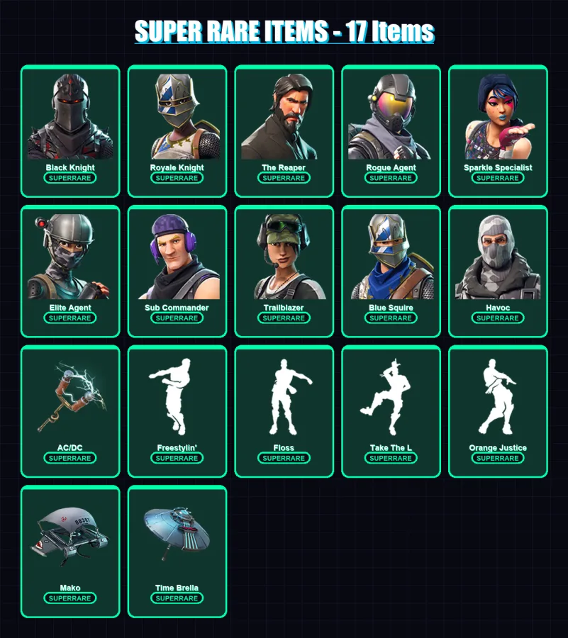 [PS4/PS5/XBOX/PC] | Black Knight | Royale Knight | The Reaper | Rogue Agent | Sparkle Specialist | 42 skin | 42 pickaxe | 55 emote | 58 glider | Lv8