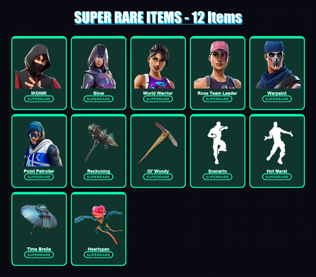 [PC/XBOX/PSN] | IKONIK | Glow | World Warrior | Black Widow Outfit | Rose Team Leader | 80 skin | 40 pickaxe | 73 emote | 40 glider | Lv421