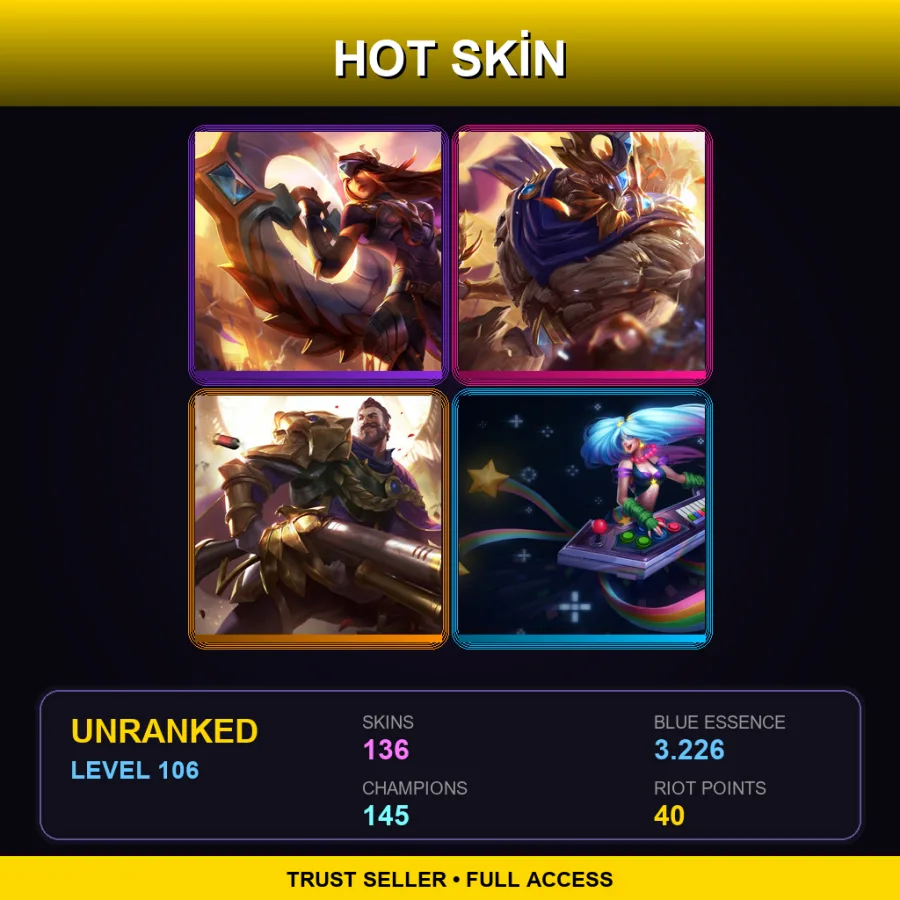 EUNE | Lv106 | Unranked | 136 Skin | 145 Champ — LoL account