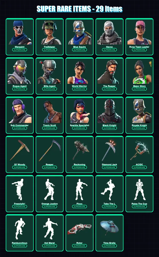 [PC/PSN] | Warpaint | Trailblazer | Blue Squire | Havoc | Rose Team Leader | 340 skin | 285 pickaxe | 232 emote | 198 glider | Lv3490