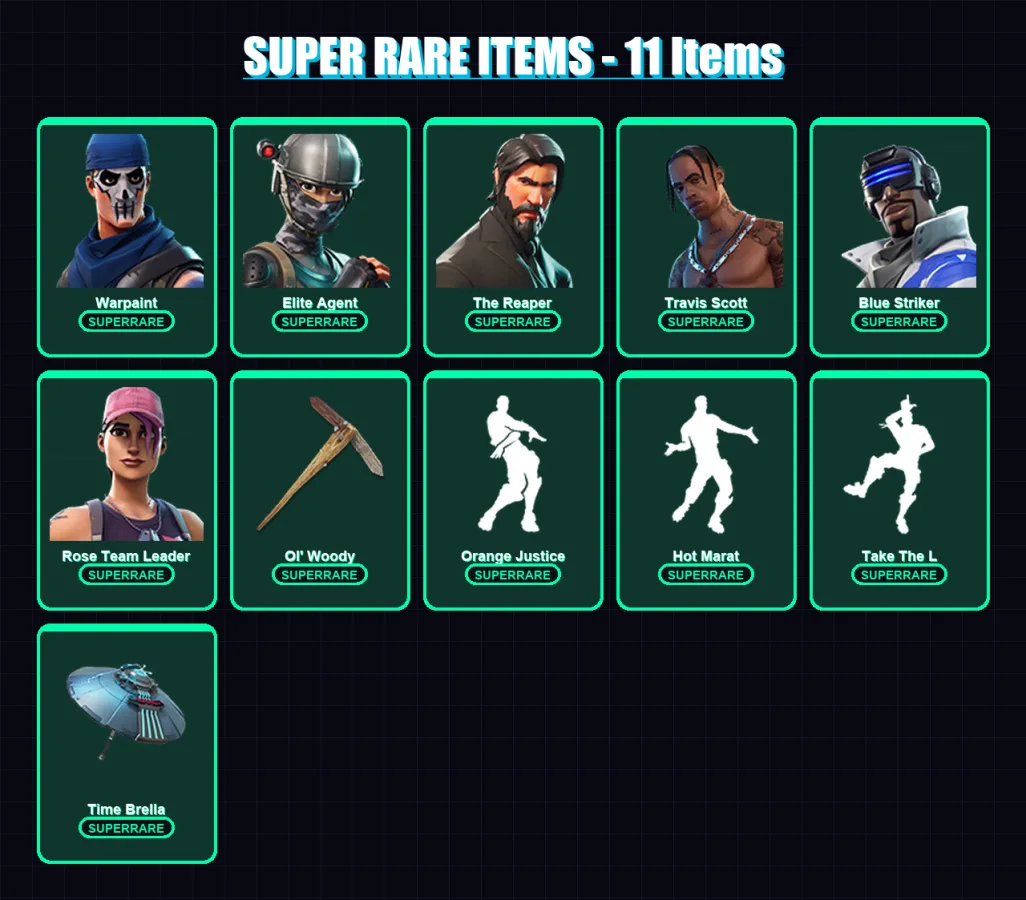 [PS4/PS5/XBOX/PC] | Warpaint | Elite Agent | The Reaper | Travis Scott | Blue Striker | 65 skin | 72 pickaxe | 88 emote | 74 glider | Lv1032