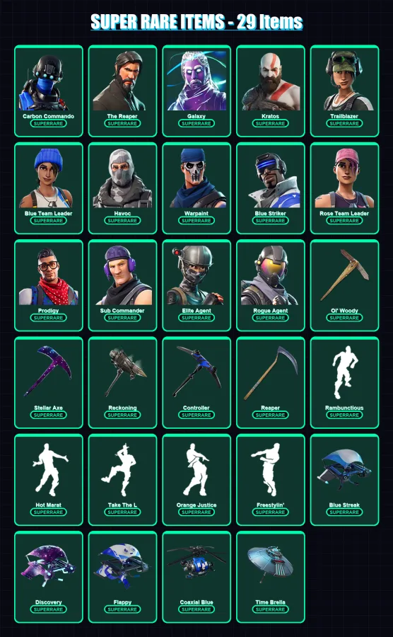 [PS4/PS5/XBOX/PC] | Carbon Commando | The Reaper | Galaxy | Kratos | Trailblazer | 116 skin | 77 pickaxe | 90 emote | 77 glider | Lv769