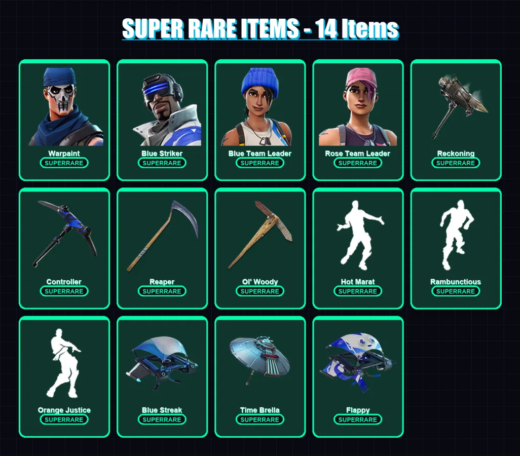 [PC] | Warpaint | Blue Striker | Blue Team Leader | Rose Team Leader | Dire | 143 skin | 150 pickaxe | 178 emote | 143 glider | Lv1931