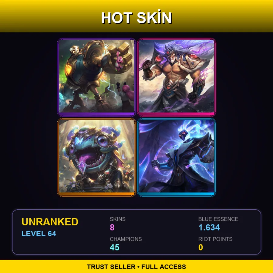 BR | Lv64 | Unranked | 8 Skin | 45 Champ — LoL account