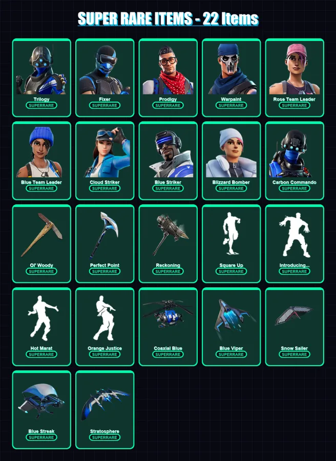 [PS4/PS5/XBOX/PC] | Trilogy | Fixer | Prodigy | Warpaint | Rose Team Leader | 60 skin | 93 pickaxe | 90 emote | 80 glider | Lv1080